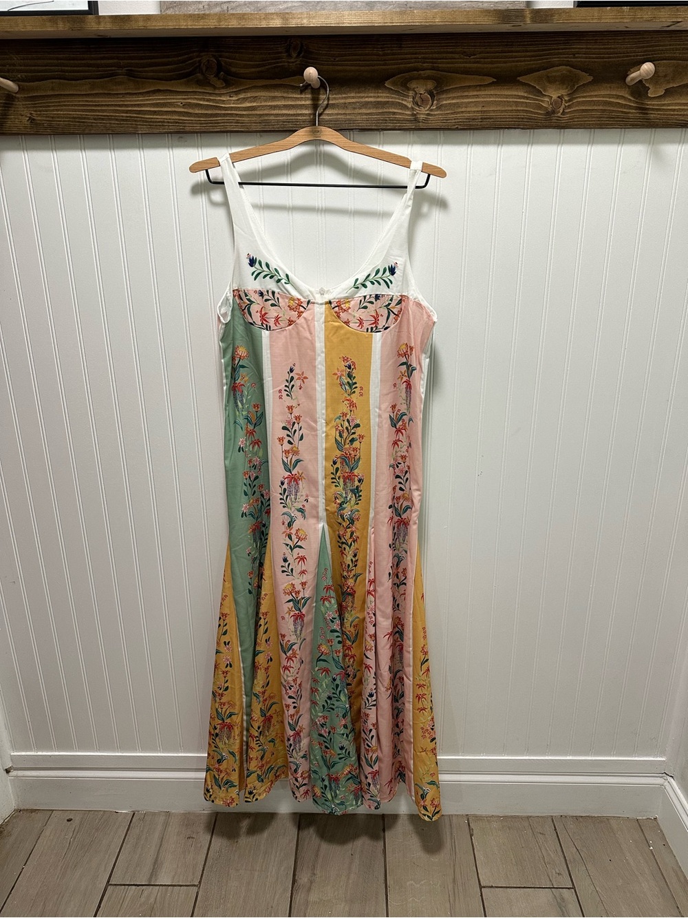 Pastel Striped Floral Maxi Dress Structured Cups Bodice patchwork panels